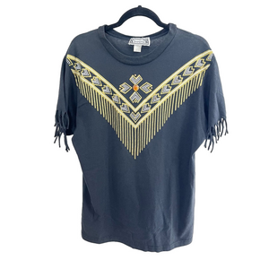 Vintage 90s Black Fringe T-Shirt Gold Faux Western Design Medium Bonjour
